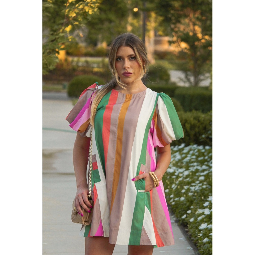 Entro Multi-Striped Puff Sleeve Shift Dress Women Medium Multi Color Pocket Mini